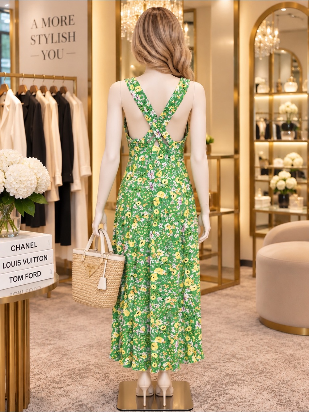 LOFT Green Floral Cross-Back Midi Dress
